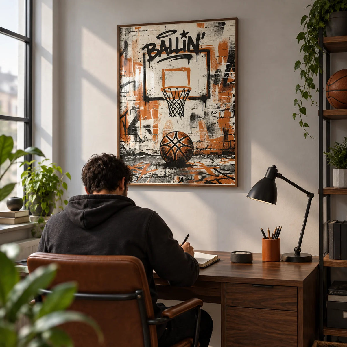 Urban Basketball Print, framed on the wall of a contemporary home study for a young adult basketball fan (22-30)