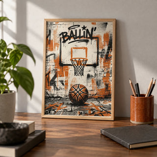 Urban Basketball Print, a small A4 framed print leaning on a walnut desk