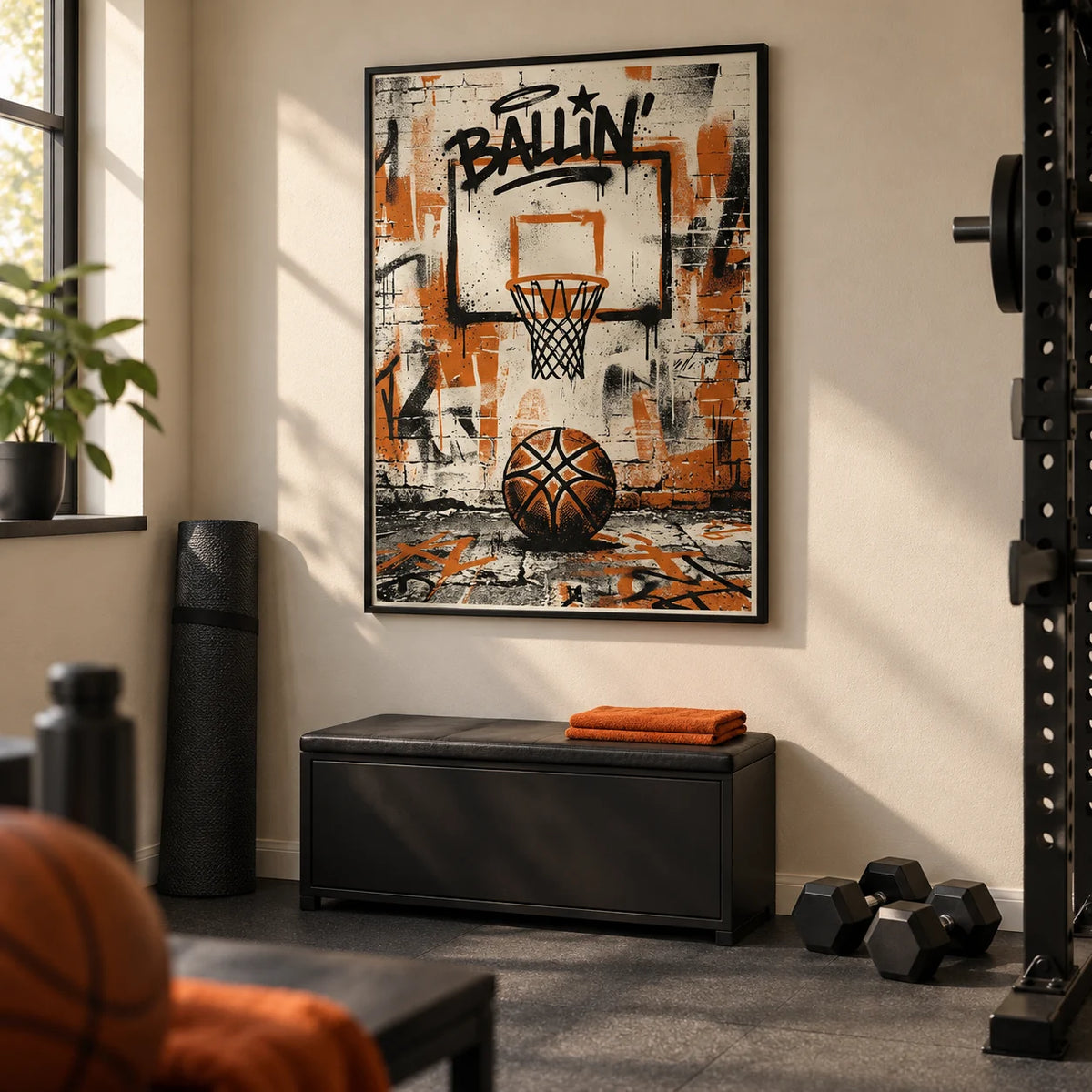 Urban Basketball Print, framed on the wall of a small converted spare-room home gym for a basketball fan