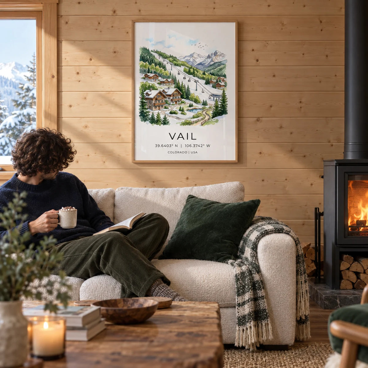 Vail Colorado Wall Art, framed on the wall of a cosy chalet-style living room with pale timber walls