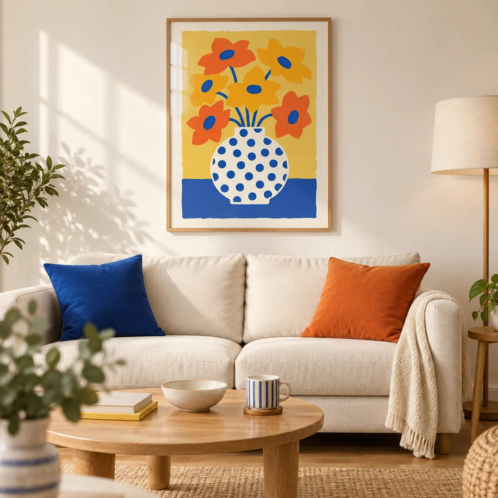Vase and Flowers Poster, framed on the wall of a bright modern living room in a UK first flat (22-30) with warm white walls and an oak floor
