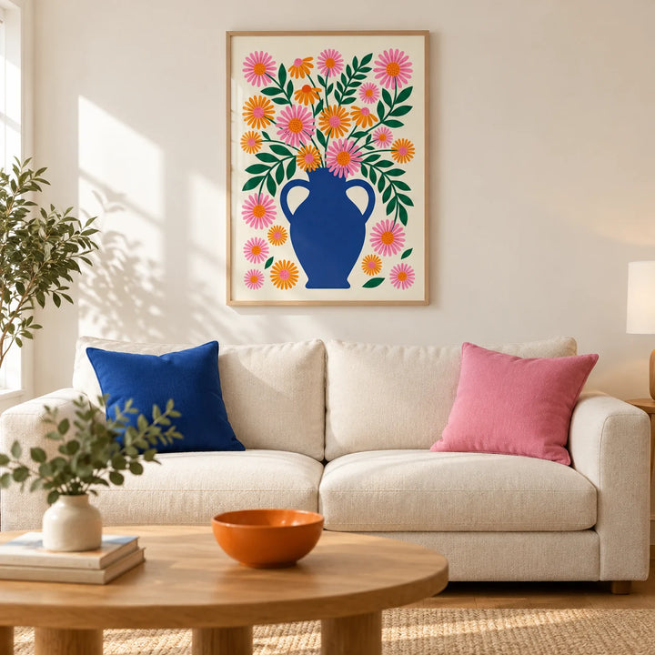 Vase Art Print, framed on the wall of a bright modern living room in a UK first flat with warm white walls and an oak floor
