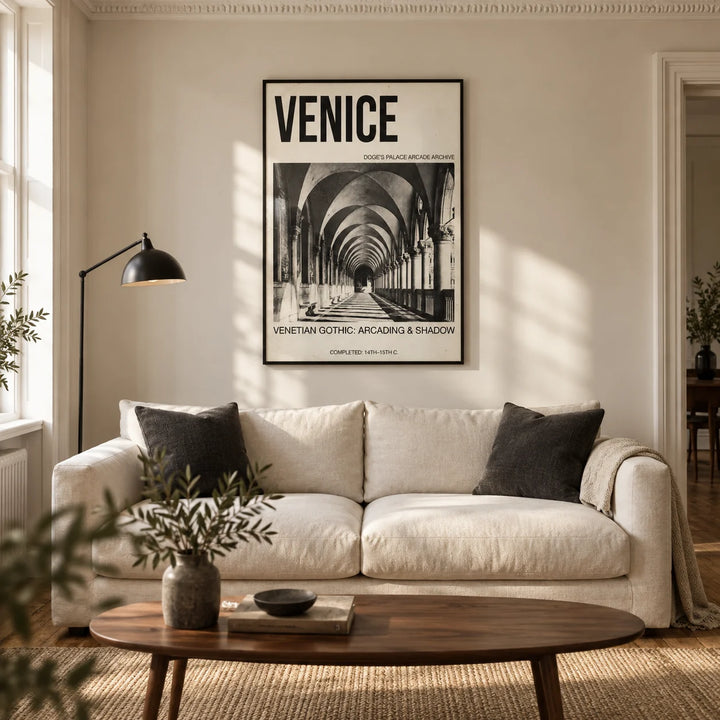 Venetian Gothic Wall Art, framed on the wall of a design-led living room in a Victorian terrace with warm ivory walls