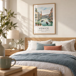 Venice Canal Art Print, framed on the wall of a calm bedroom with a warm white wall