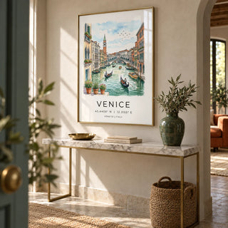 Venice Canal Art Print, framed on the wall of a graceful entrance hall with a stone coloured wall