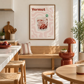 Vermouth Print hung above a breakfast bench in a colourful minimalist kitchen (frame not included)