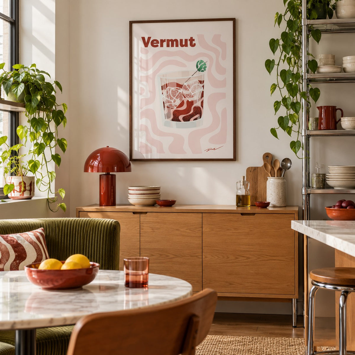 Vermouth Print hung above an oak sideboard in a creative apartment kitchen (frame not included)