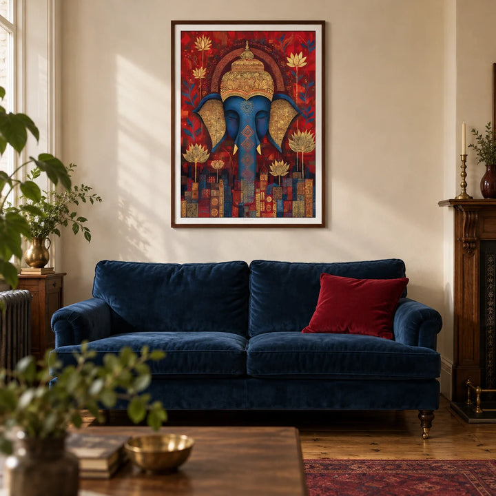Vibrant Buddha Wall Art, framed on the wall of a characterful living room in a UK Victorian terrace with warm ivory plaster walls