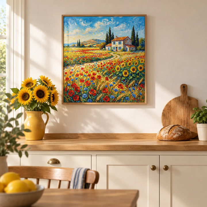 Vibrant Countryside Wall Art, framed on the wall of a warm farmhouse kitchen with plain cream cabinets and an oak worktop