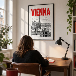 Vienna Cityscape Print, framed on the wall of a design-conscious home study in a UK flat with a white wall and a walnut desk