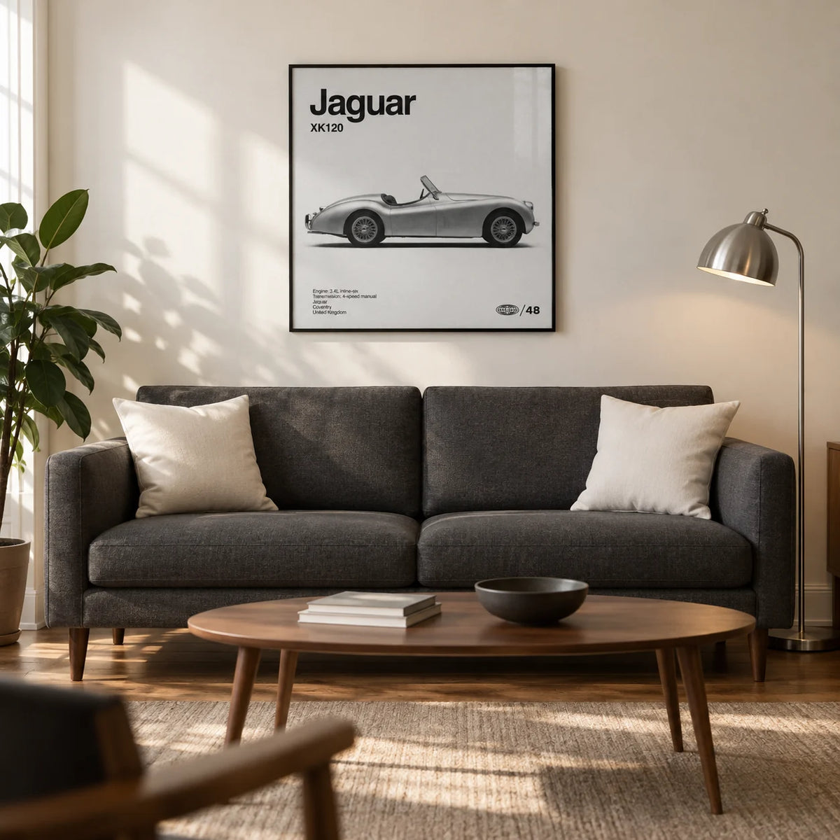 Vintage 1950s Roadster Poster, framed on the wall of a characterful modern living room in a UK terraced house with a warm white wall