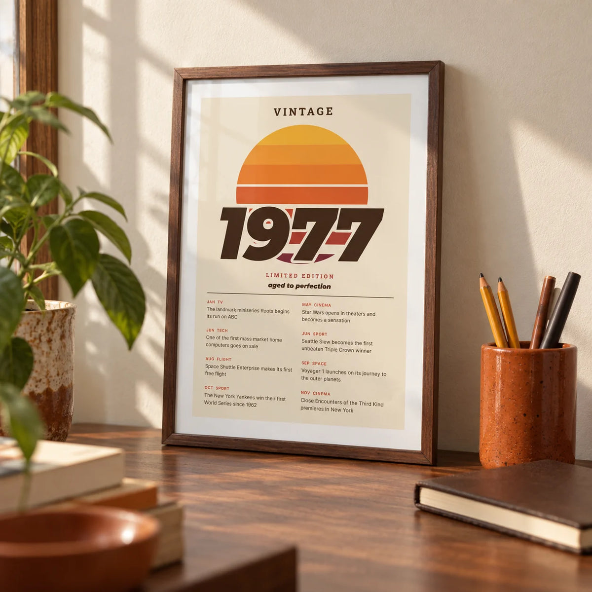 Vintage 1977 Birthday Print, a small A4 framed print leaning on a walnut desk