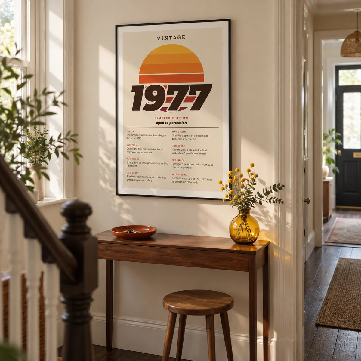 Vintage 1977 Birthday Print, framed on the wall of a welcoming hallway in a renovated UK terrace with a pale cream wall and dark wooden floorboards