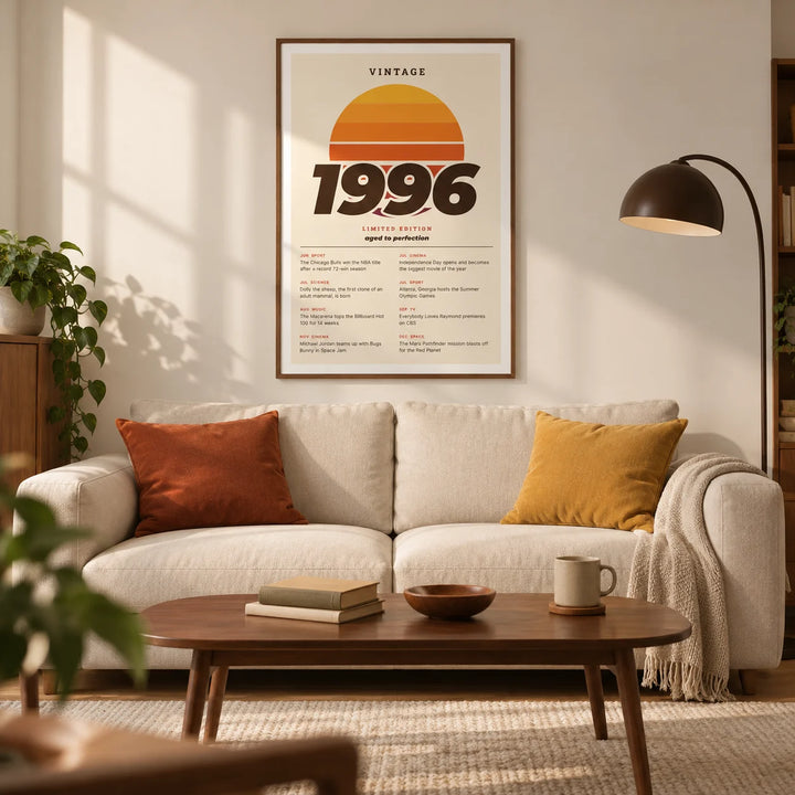 Vintage 1996 Birthday Print, framed on the wall of a warm modern living room in a UK city flat for an adult around 30