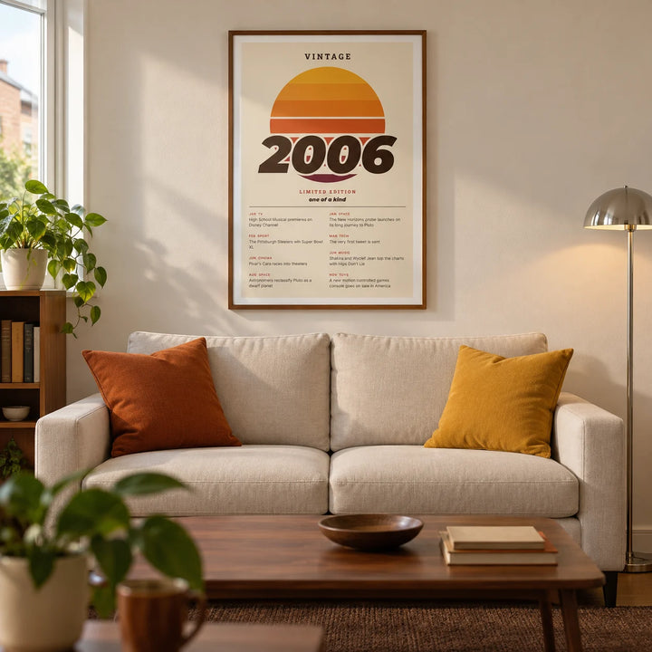 Vintage 2006 Birthday Print, framed on the wall of a compact living room in a young adult's UK rented flat with warm white walls and a walnut coffee table