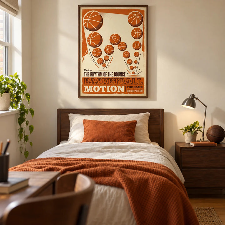Vintage Basketball Motion Art, framed on the wall of a basketball-loving teenager's single bedroom (13-17) in a UK terraced house with a warm cream wall and oak floor