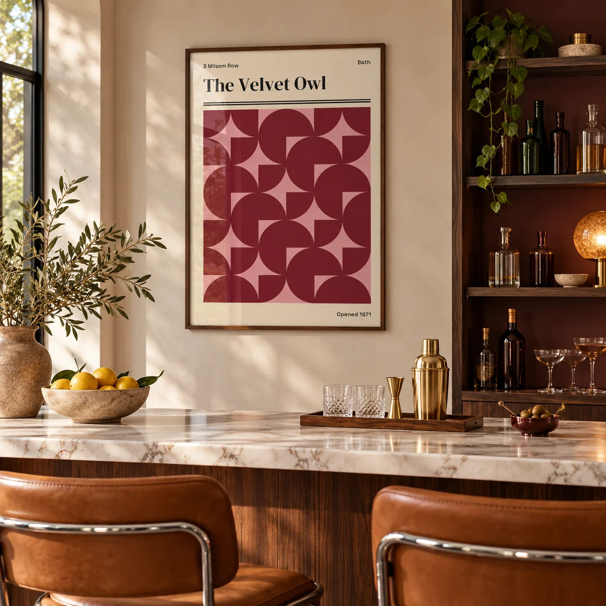 Vintage Bath Poster, framed on the wall of a stylish home bar in a living room
