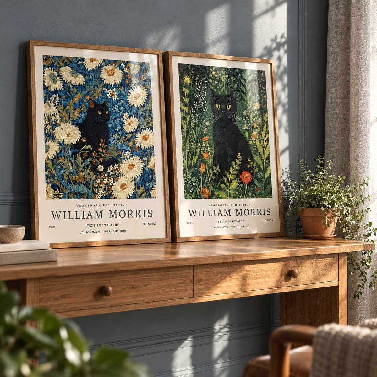 Vintage Black Cat Prints Set of 2 styled on an oak console against a blue-grey wall: Night Garden and Garden Watch shown framed side by side (frames not included)