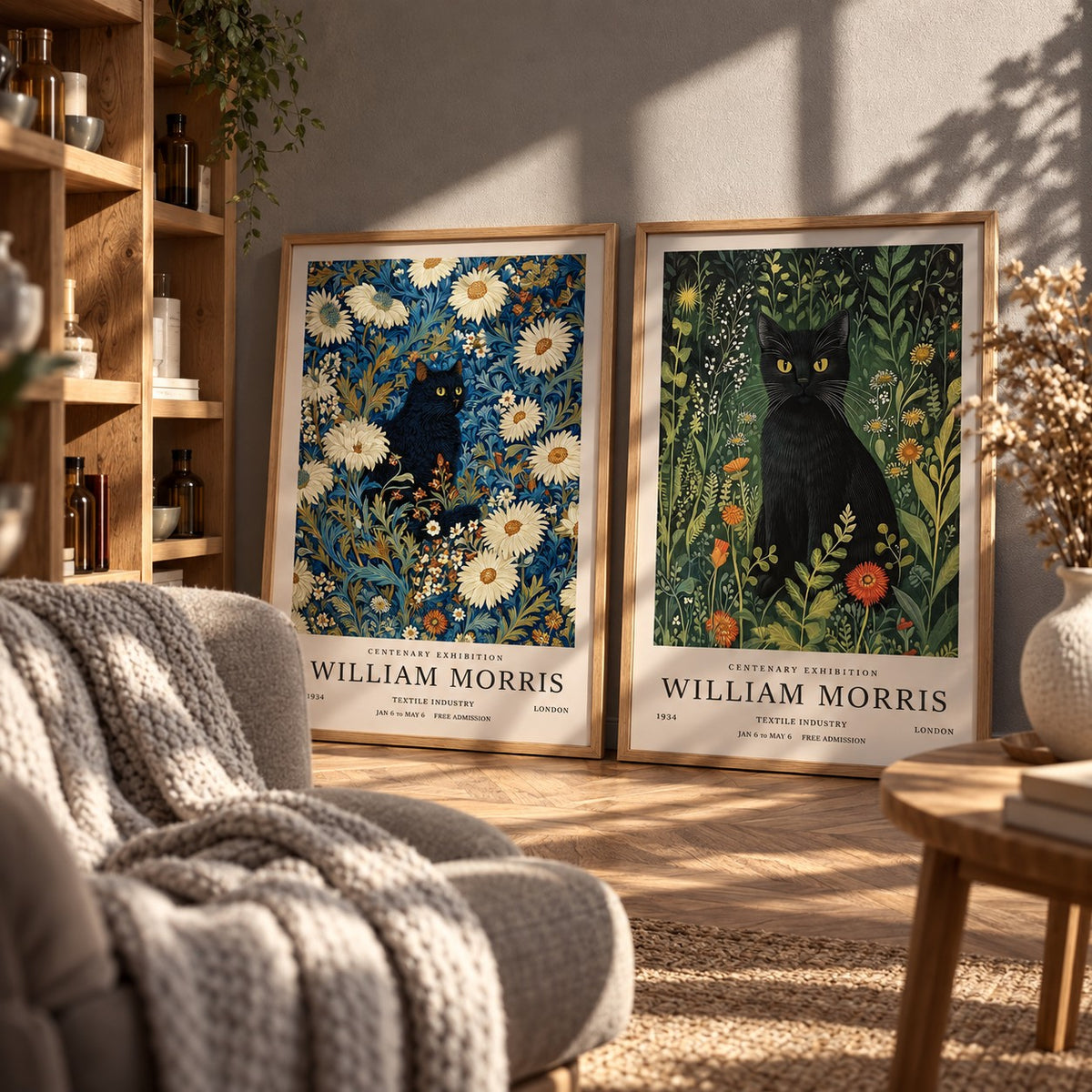 Vintage Black Cat Prints Set of 2 styled behind a grey armchair beside oak shelves: Night Garden and Garden Watch shown framed side by side (frames not included)