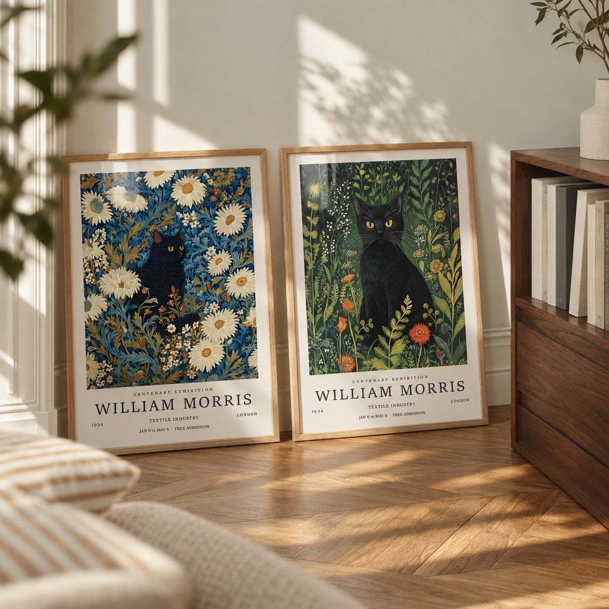 Vintage Black Cat Prints Set of 2 styled leaning beside a low walnut bookcase on herringbone parquet: Night Garden and Garden Watch shown framed side by side (frames not included)