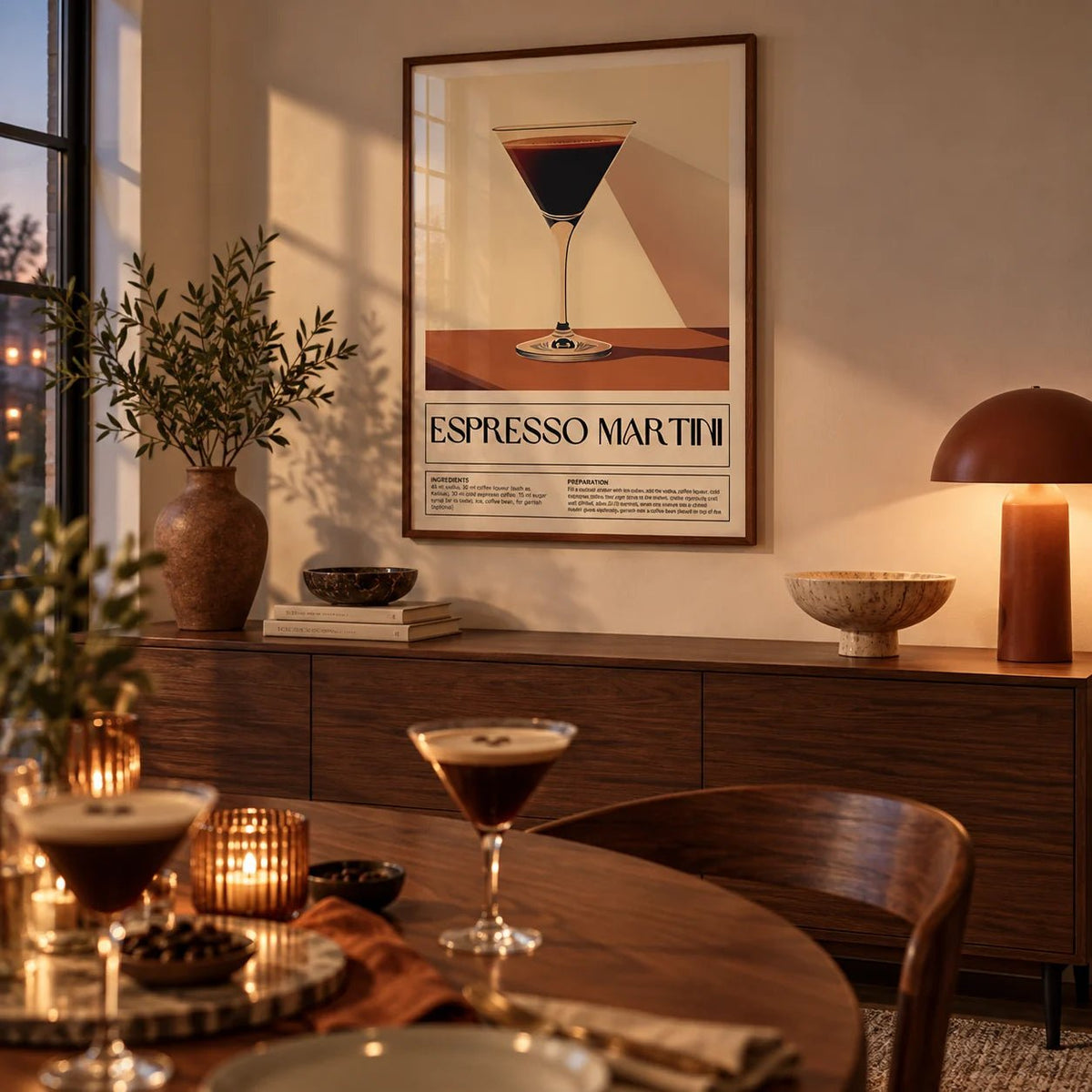 Vintage Cocktail Posters, framed on the wall of a dining room in the evening