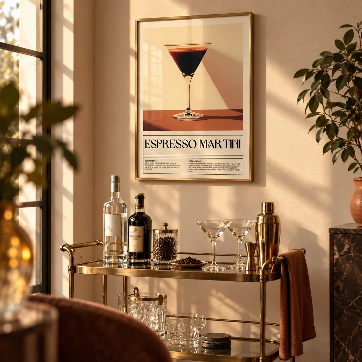 Vintage Cocktail Posters, framed on the wall of a home bar corner