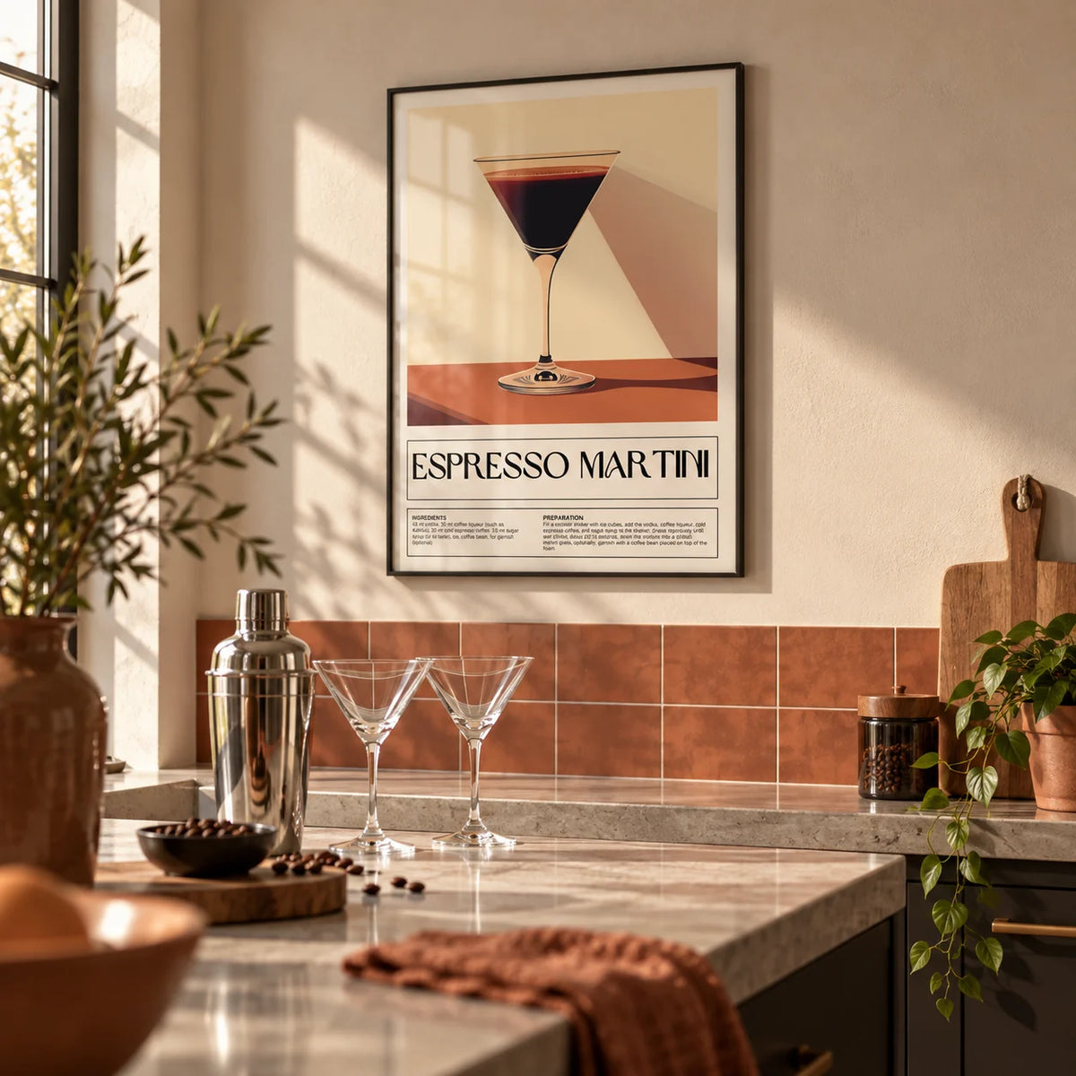 Vintage Cocktail Posters, framed on the wall of a modern kitchen