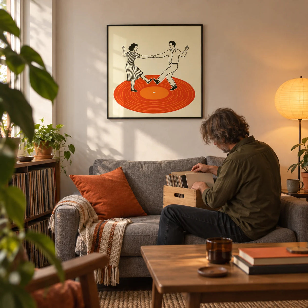 Vintage Dance Art Print, framed on the wall of a first-flat living room (22-28)