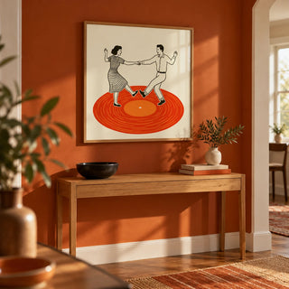 Vintage Dance Art Print, framed on the wall of a retro hallway with a burnt orange painted wall
