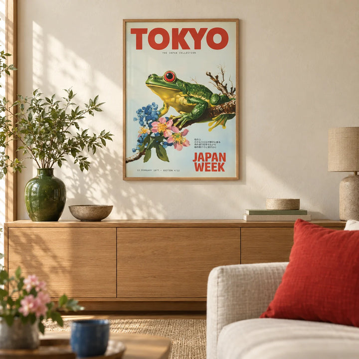 Frog Wall Art, framed on the wall of a Japanese-modern living room with a warm cream plaster wall