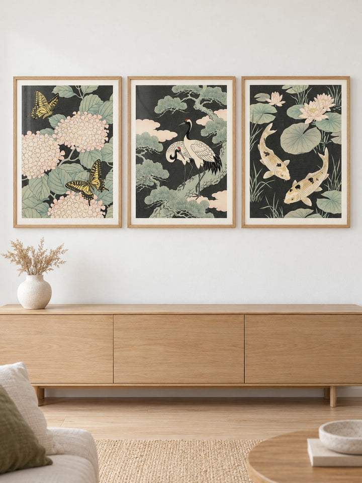 Japanese Art Set hung at eye level above a light oak sideboard: Butterfly Hydrangea, Cranes Art Print and Koi Pond Poster shown framed side by side (frames not included)