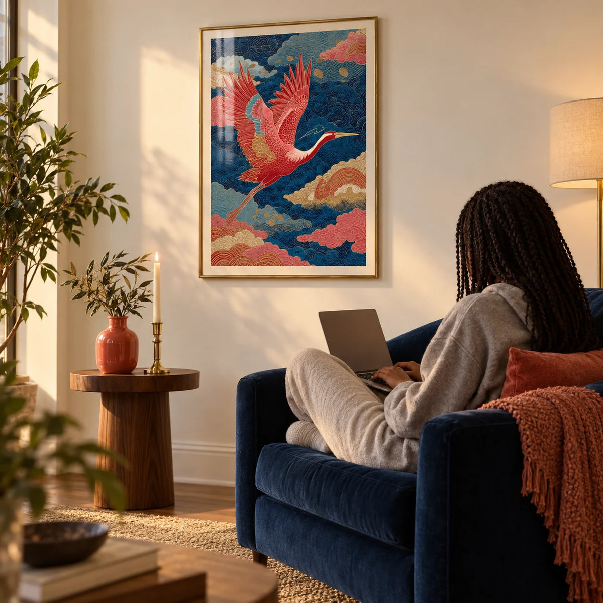 Vintage Japanese Print, framed on the wall of an elegant living room with a plain cream wall