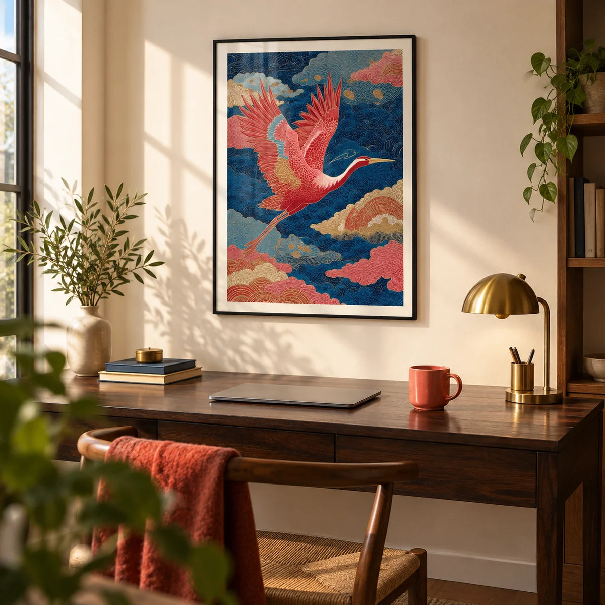 Vintage Japanese Print, framed on the wall of a quiet home office with a plain cream wall