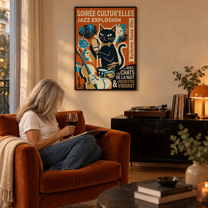 Vintage Jazz Poster, framed on the wall of a Parisian-modern living room with a warm cream plaster wall and a plain oak floor