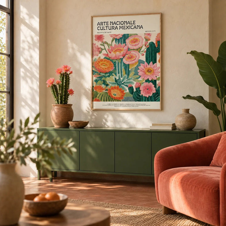 Vintage Mexican Poster, framed on the wall of a warm Mexican-modern living room with limewashed warm white walls and a plain terracotta floor
