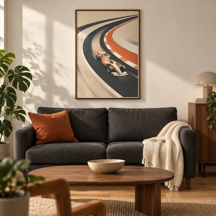 Vintage Motorsport Poster, framed on the wall of a warm modern living room in a UK first flat for a motorsport enthusiast (22-30)