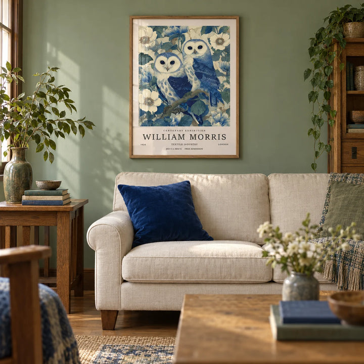 Vintage Owl Print, framed on the wall of a calm Arts and Crafts living room with a sage green painted wall and an oak floor