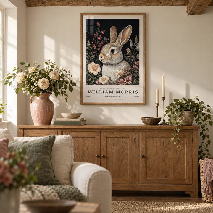 Vintage Rabbit Art, framed on the wall of a cosy cottage living room with a soft cream wall and exposed beams