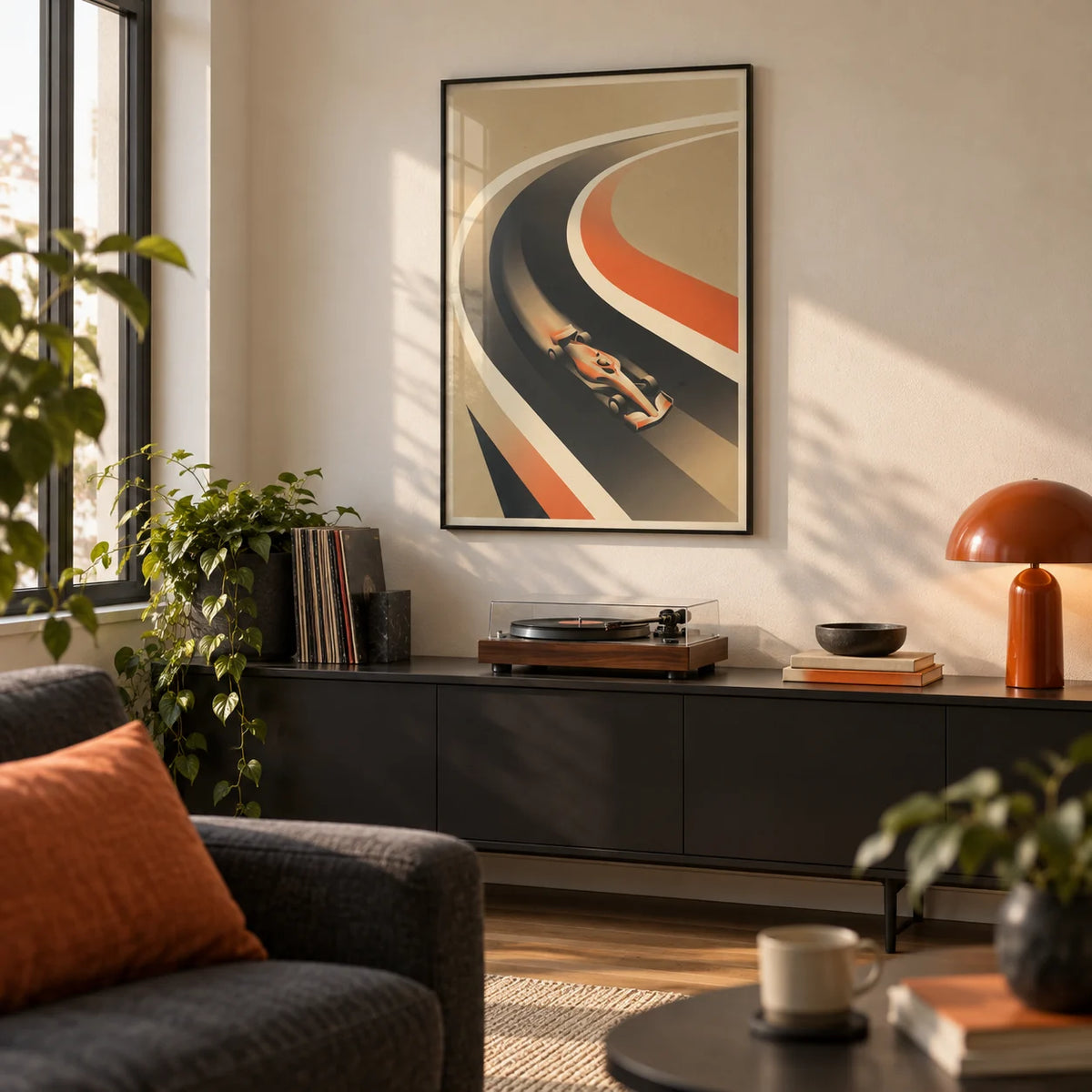 Vintage Race Car Poster, framed on the wall of a first-flat living room (22-30) with a cream wall