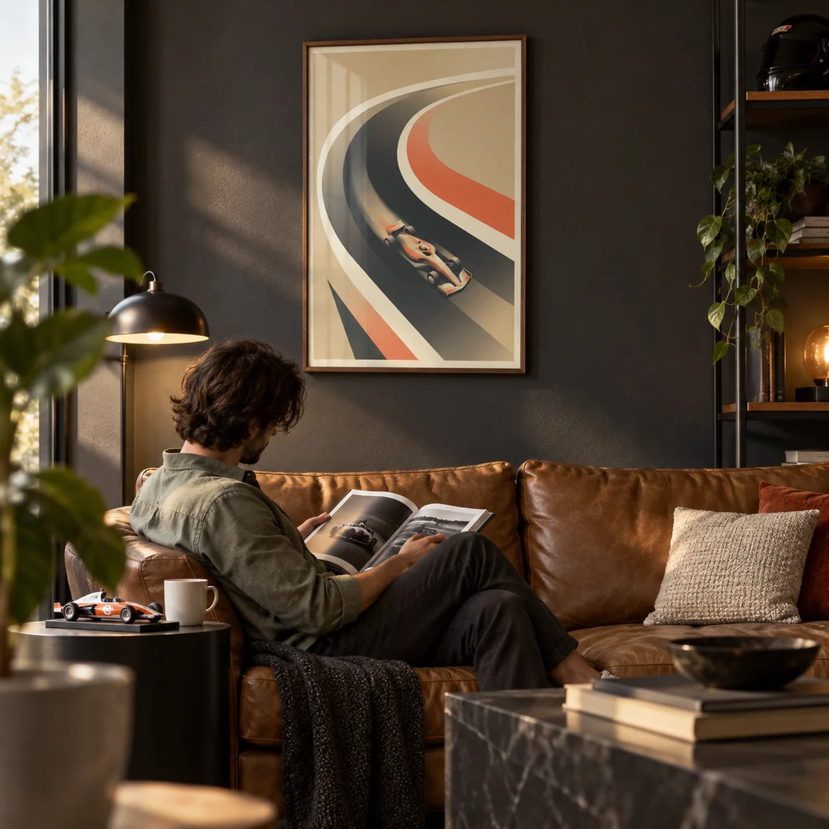 Vintage Race Car Poster, framed on the wall of a modern man cave with a charcoal painted wall in a living room
