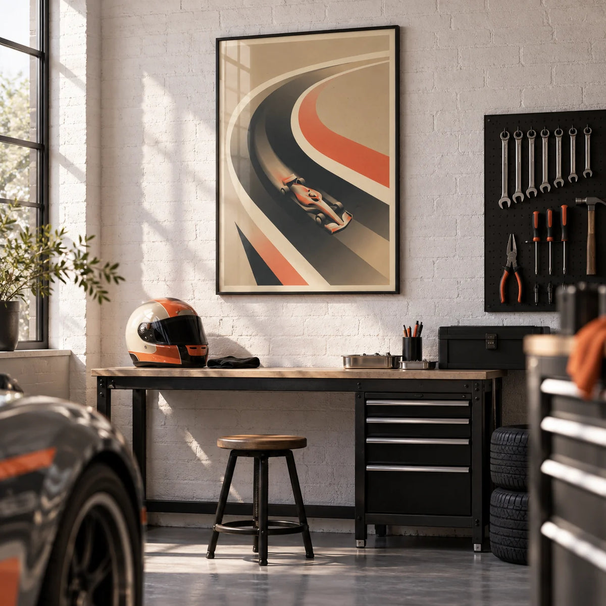Vintage Race Car Poster, framed on the wall of a smart garage conversion with a white brick wall and a grey epoxy floor