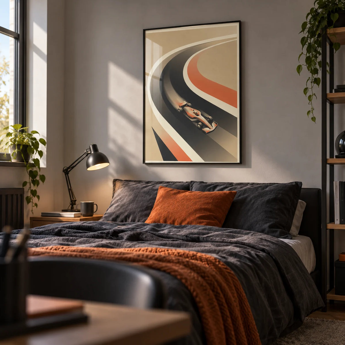 Vintage Race Car Poster, framed on the wall of a stylish older teenager's bedroom (15-17) with a light grey wall