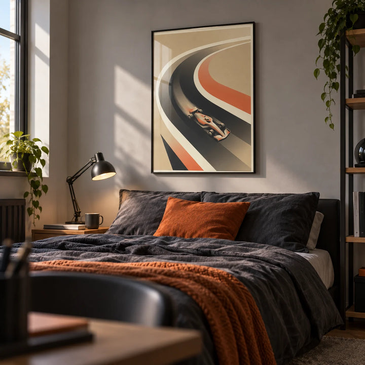 Vintage Race Car Poster, framed on the wall of a stylish older teenager's bedroom (15-17) with a light grey wall