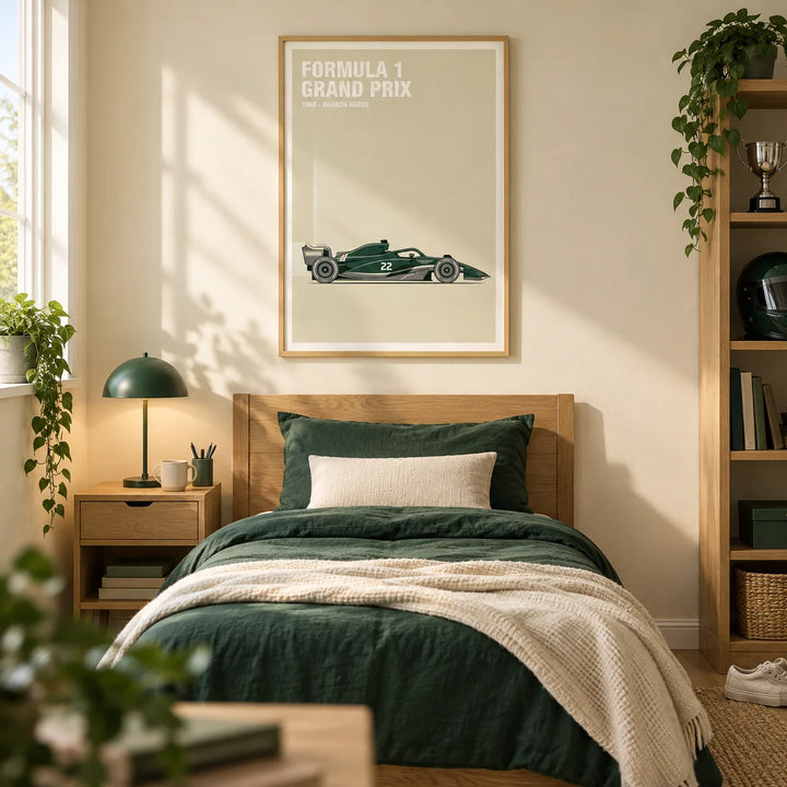 Vintage Racing Art, framed on the wall of a calm single bedroom for a teen boy (13-17) with a warm cream wall