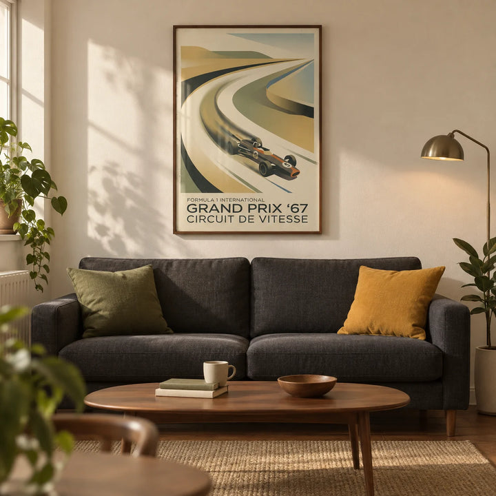 Vintage Racing Art Print, framed on the wall of a warm retro living room in a UK first flat (22-30)