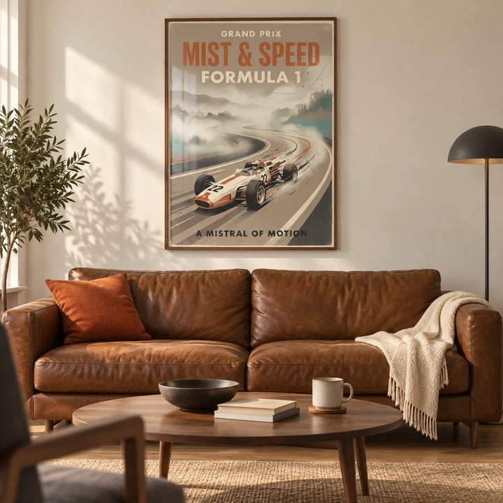 Vintage Racing Car Poster, framed on the wall of a warm retro living room in a UK first flat (22-28)