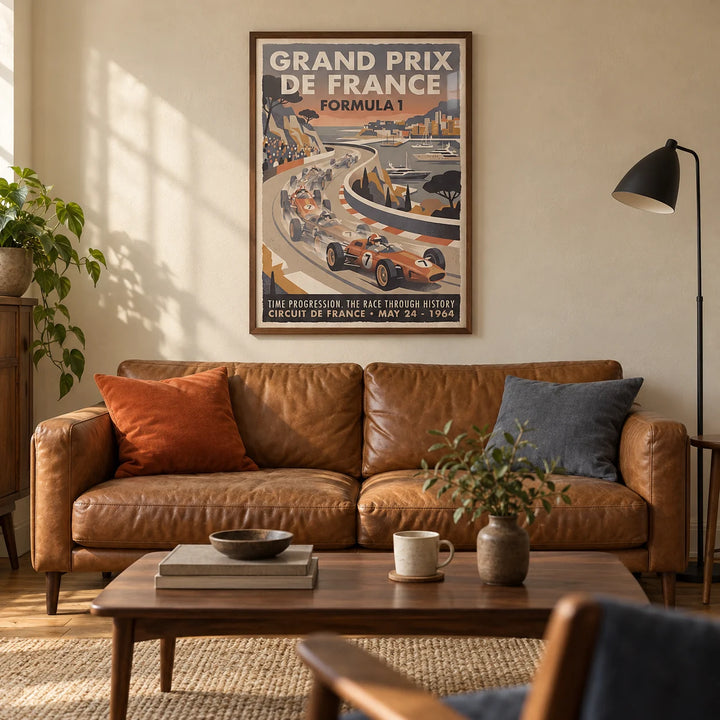 Vintage Racing Print, framed on the wall of a characterful living room in a UK terraced house with warm cream plaster walls