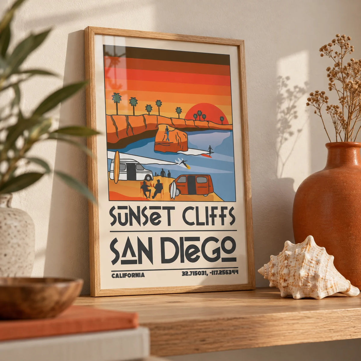 Vintage San Diego Wall Art, a small A4 framed print leaning on an oak shelf in a living room
