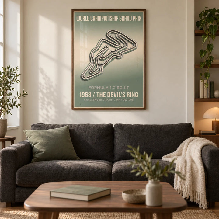 Vintage Street Circuit Map Poster, framed on the wall of a warm modern living room in a UK terraced home with a cream plaster wall and walnut floorboards