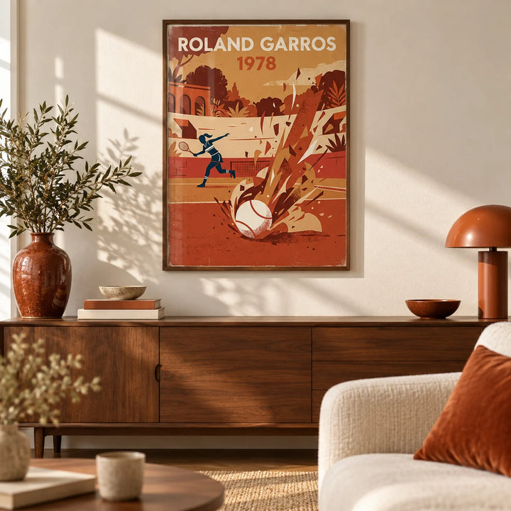 Vintage Tennis Art Print, framed on the wall of a warm modern living room with a cream wall
